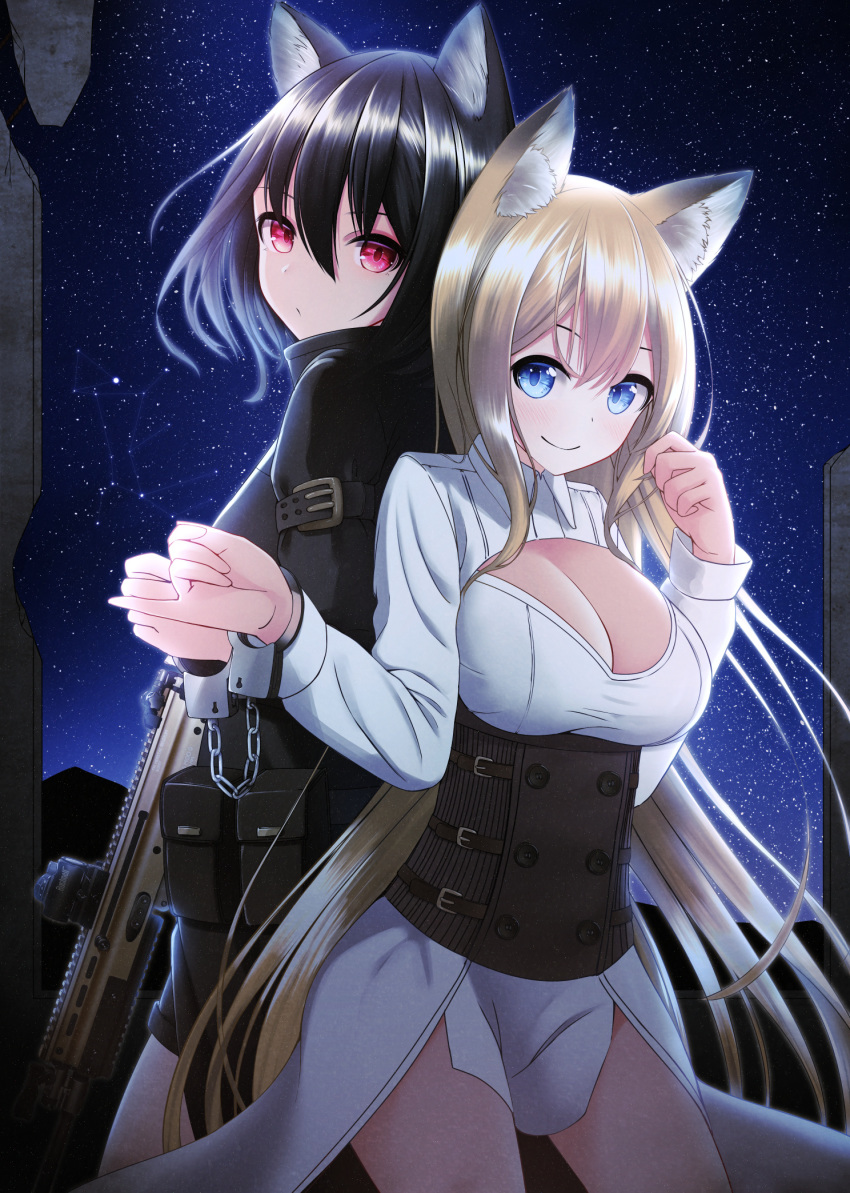 2girls bangs black_hair black_jacket blonde_hair blue_eyes breasts chain cleavage closed_mouth commentary_request cuffs dress eyebrows_visible_through_hair gun hair_between_eyes handcuffs highres jacket long_hair long_sleeves looking_at_viewer looking_back medium_breasts multiple_girls nekobaka night night_sky original pinky_out red_eyes sky smile star_(sky) starry_sky very_long_hair weapon weapon_request white_dress