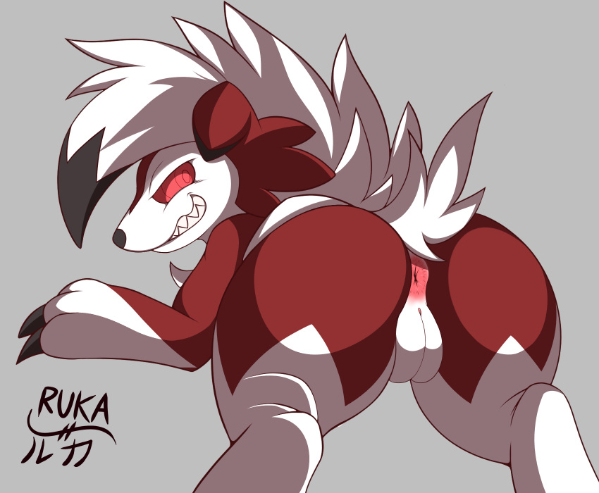 anus biped butt canid canine claws digital_media_(artwork) female feral fur genitals hi_res looking_at_viewer lycanroc mammal midnight_lycanroc nintendo pok&eacute;mon pok&eacute;mon_(species) pussy ruka simple_background smile solo video_games white_body white_fur