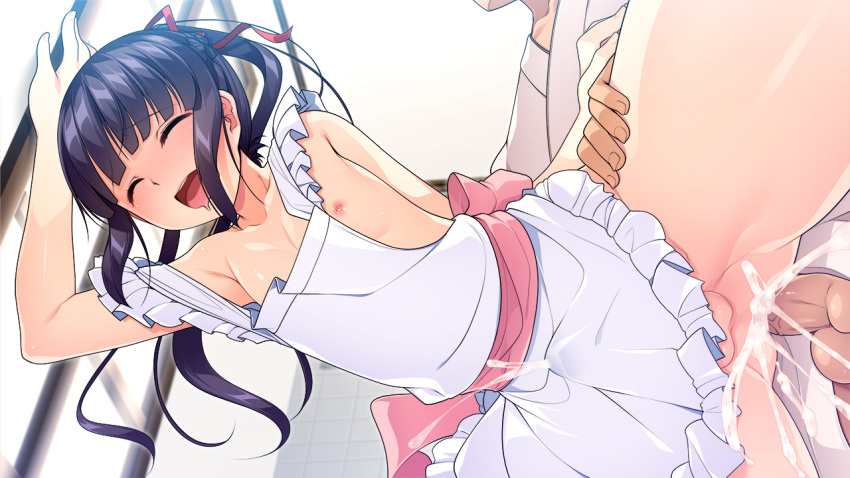 2boys anal aogiri_penta apron bangs bent_over black_hair blunt_bangs blush braid bulge closed_eyes cum cum_in_ass cum_in_clothes cum_through_clothes drooling endou_mishiro erection erection_under_clothes eyebrows_visible_through_hair frilled_apron frills from_below game_cg hair_ribbon indoors japanese_clothes josou_jinja leaning_on_object leg_grab leg_up long_hair male_focus masato_(josou_jinja) mouth_drool multiple_boys naked_apron nipple_slip nipples open_mouth otoko_no_ko overflow penis ponytail red_ribbon ribbon sex sex_from_behind sidelocks smile standing standing_on_one_leg standing_sex testicles uncensored upper_teeth yaoi