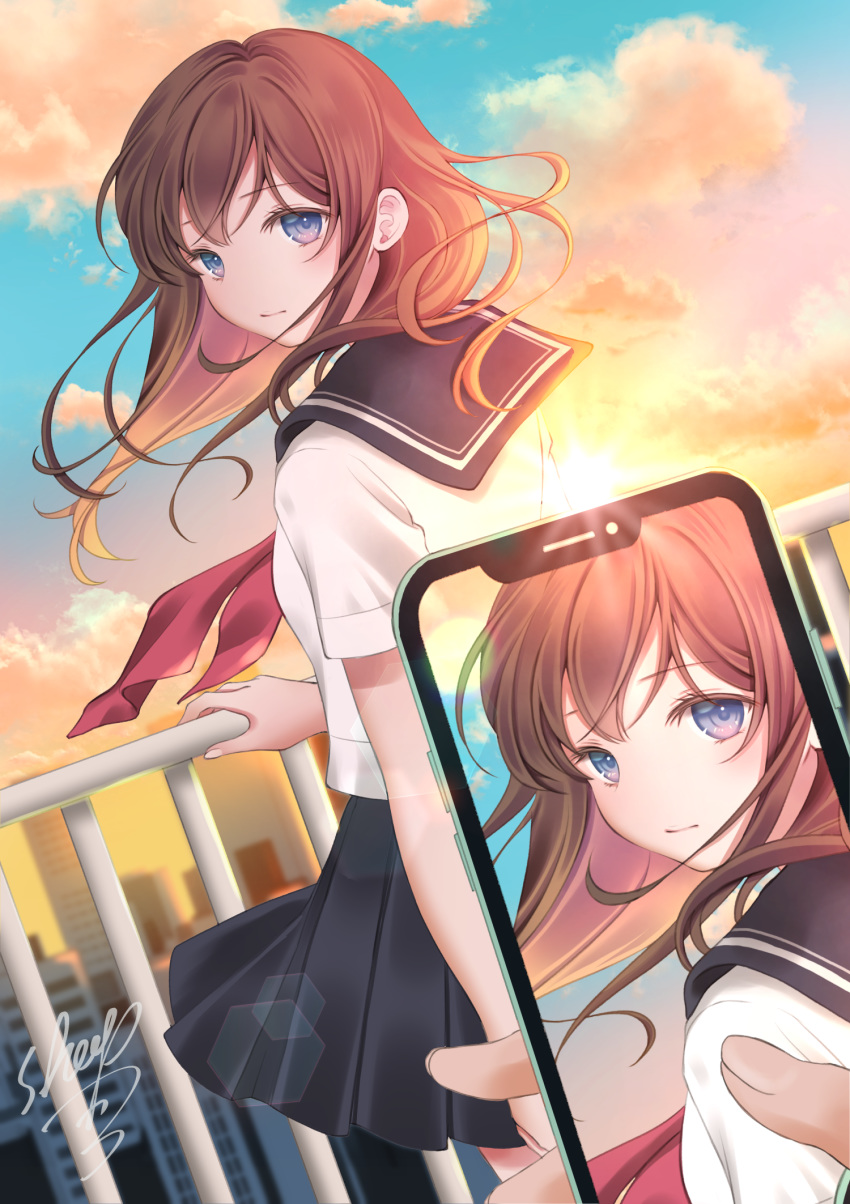 1girl bangs black_sailor_collar black_skirt blue_eyes blush brown_hair cellphone cellphone_picture closed_mouth commentary_request dutch_angle eyebrows_visible_through_hair floating_hair highres holding holding_phone long_hair looking_at_viewer looking_back neckerchief original out_of_frame outdoors phone pleated_skirt railing red_neckwear sailor_collar school_uniform serafuku sheepd shirt short_sleeves signature skirt solo_focus sunset white_shirt