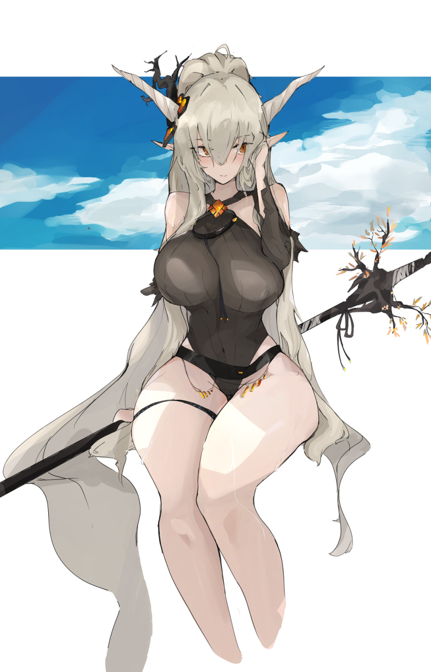 1girl arknights bare_legs black_swimsuit blue_sky blush breasts closed_mouth cloud cloudy_sky commentary cowboy_shot demon_horns eyebrows_visible_through_hair hair_between_eyes hand_in_hair highres holding holding_staff horns invisible_chair large_breasts light_smile long_hair looking_to_the_side mikojin one-piece_swimsuit orange_eyes pointy_ears ponytail ribbed_swimsuit shining_(arknights) simple_background sitting sky smile solo staff swimsuit thigh_strap thighs very_long_hair