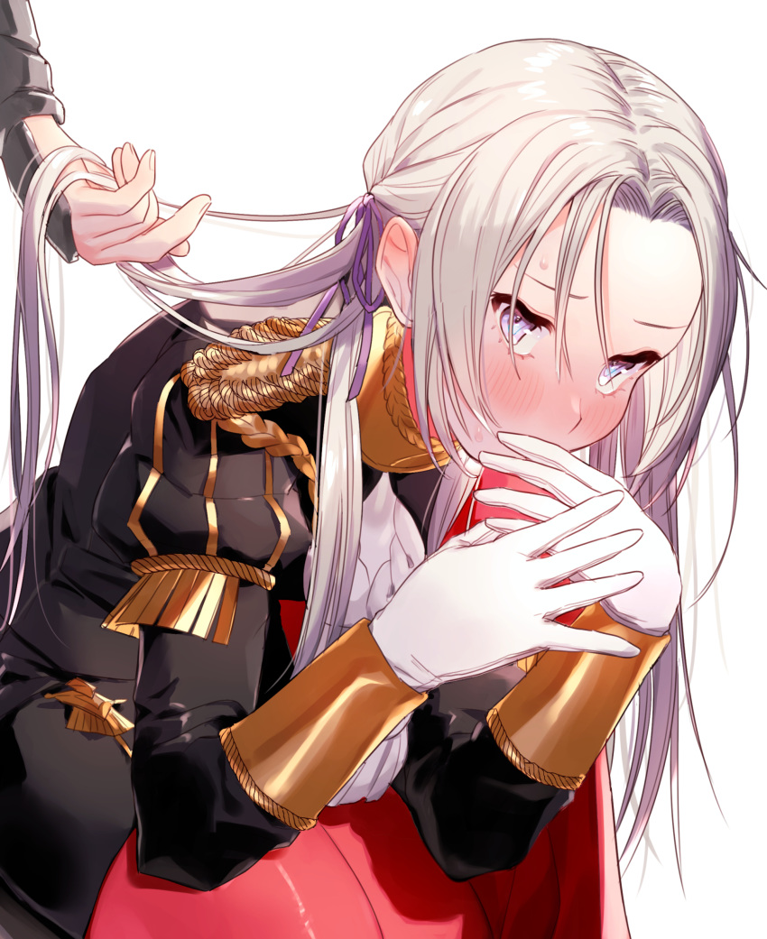 1girl aiguillette black_skirt blue_eyes blush breasts cape covered_mouth edelgard_von_hresvelg embarrassed fire_emblem fire_emblem:_three_houses fringe_trim garreg_mach_monastery_uniform gloves hair_ribbon highres holding_another's_hair hunched_over juliet_sleeves large_breasts leaning_forward long_hair long_sleeves looking_at_viewer masanaga_(tsukasa) one_side_up out_of_frame pantyhose pencil_skirt puffy_sleeves purple_eyes purple_ribbon red_cape red_legwear ribbon simple_background skirt sleeve_cuffs solo_focus sweat vambraces white_background white_gloves white_hair