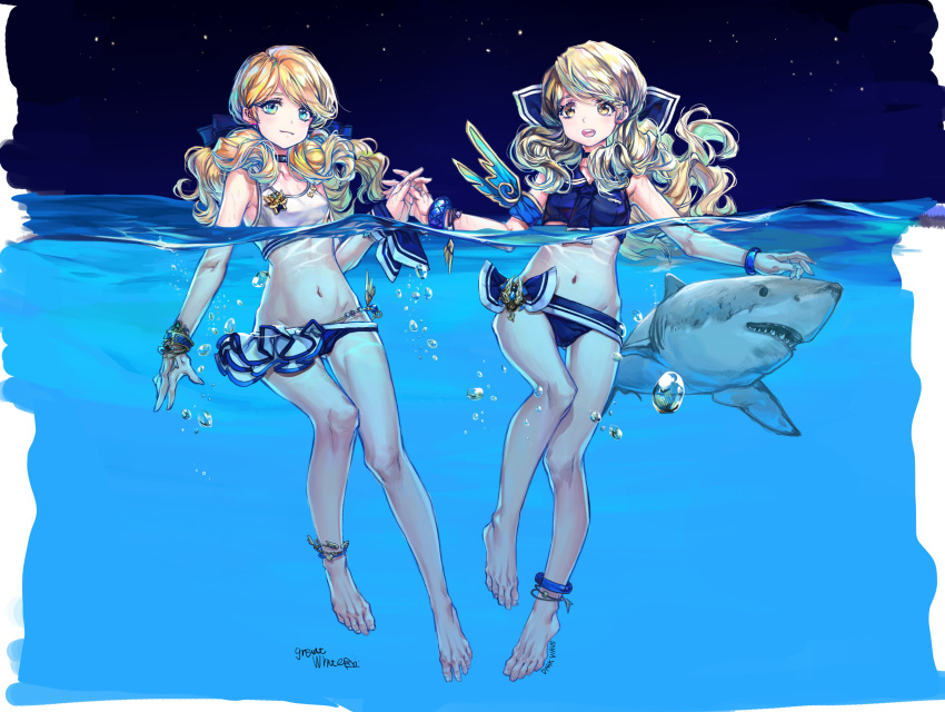 2girls absurdres blue_eyes greatwhite1122 gundam gundam_narrative highres holding_hands looking_at_viewer midriff multiple_girls navel open_mouth personification rita_bernal shark swimming swimsuit unicorn_gundam_phenex yellow_eyes