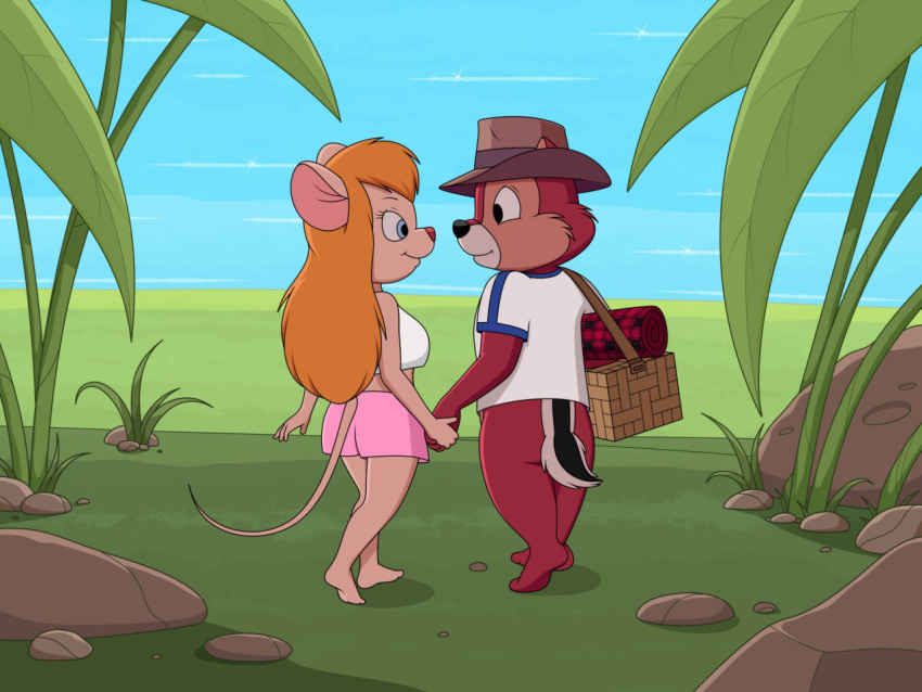 4:3 anthro basket chip_'n_dale_rescue_rangers chip_(disney) chipmunk clothed clothing disney duo fedora female gadget_hackwrench ground_squirrel hand_holding hat headgear headwear male male/female mammal mouse murid murine picnic_basket picnic_blanket rodent sciurid sfan walking