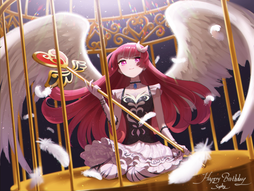 1girl angel_wings birdcage blush cage character_name choker commentary_request dress feathers floating_hair happy_birthday highres hime_cut holding holding_key houjou_sophie key light light_particles long_hair makeup o4ritarou pink_eyes pink_hair pretty_(series) pripara shoes sitting sleeveless sleeveless_dress smile solo sparkle spread_wings thighhighs wariza wing_hair_ornament wings wrist_cuffs