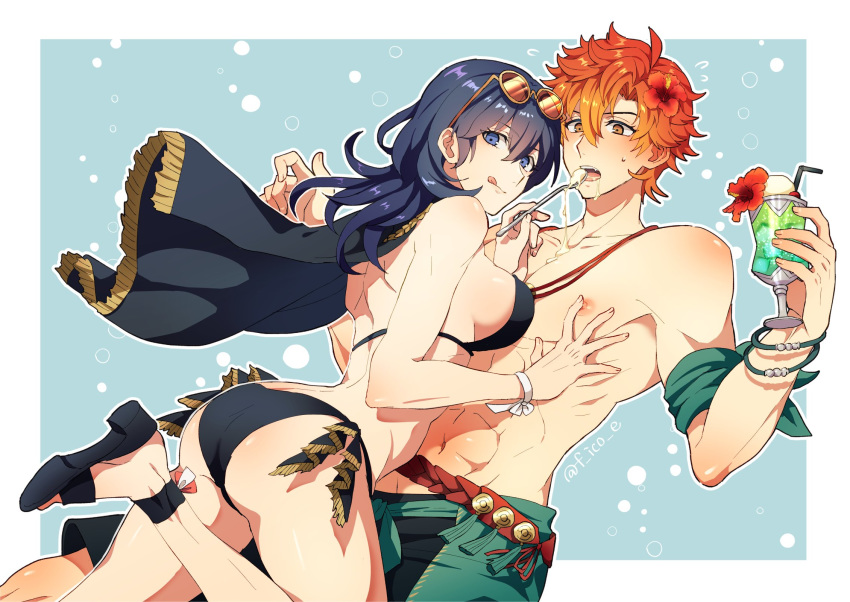 1boy 1girl abs ankle_strap armband ass asymmetrical_bangs back bangs bare_legs bikini black_bikini black_capelet black_footwear blue_background blue_eyes blue_hair blush bracelet breasts bubble_background byleth_(fire_emblem) byleth_(fire_emblem)_(female) capelet closed_mouth commentary cowboy_shot cup drink drinking_straw eyebrows_visible_through_hair eyewear_on_head f_ico_e feeding fire_emblem fire_emblem:_three_houses fire_emblem_heroes flower flower_in_drink food hair_between_eyes hair_flower hair_ornament hetero hibiscus highres holding holding_drink holding_spoon ice_cream jewelry long_hair looking_at_viewer looking_back medium_breasts navel open_mouth orange_eyes orange_hair parted_bangs sandals shirtless short_hair sideboob smile spoon sundae sunglasses sweatdrop swimsuit sylvain_jose_gautier thighs tinted_eyewear tongue tongue_out twitter_username