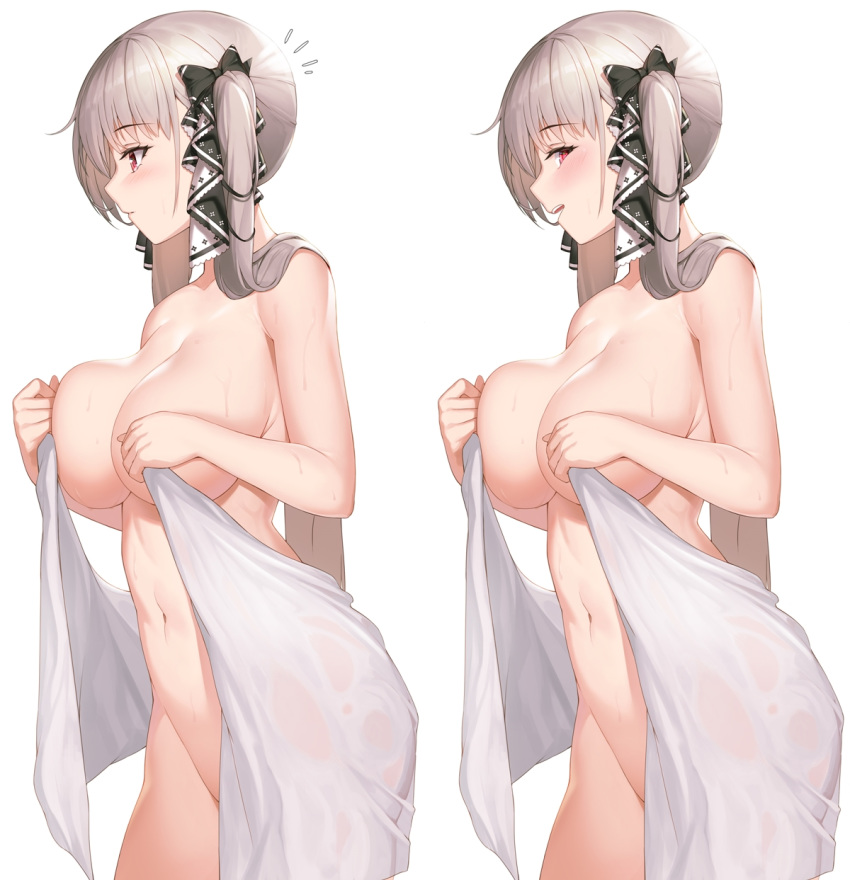 1girl after_bathing azur_lane bangs blush breasts btraphen cleavage covering_nipples eyebrows_visible_through_hair formidable_(azur_lane) grey_hair groin hair_ribbon highres holding holding_towel large_breasts long_hair looking_at_viewer navel nude open_mouth red_eyes ribbon simple_background towel twintails two-tone_ribbon very_long_hair wet white_background