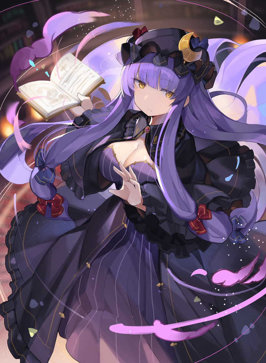 blue_bow blue_ribbon book bow breasts cleavage crescent crescent_hair_ornament dress frilled_dress frilled_sleeves frills hair_bow hair_ornament hat hat_ribbon highres hikikomori large_breasts long_hair looking_at_viewer mob_cap pajamas patchouli_knowledge purple_hair red_bow red_ribbon ribbon rin_falcon striped striped_dress touhou very_long_hair witch yellow_eyes