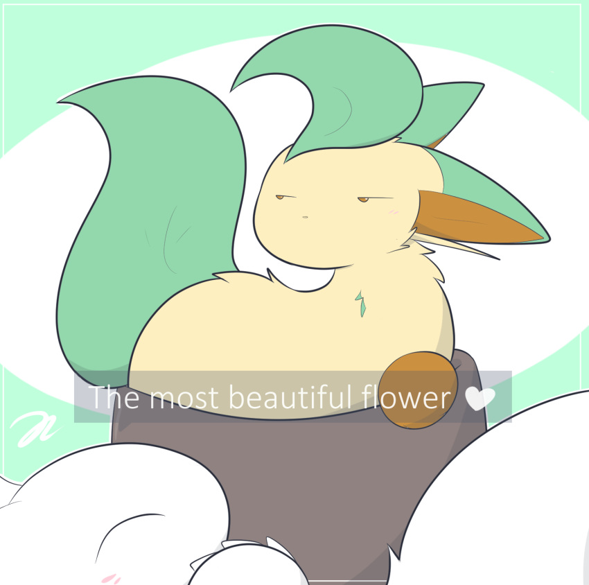 blush canid canine delta-eon dragon duo eeveelution fasenso female flower_pot fur happy hi_res leafeon looking_away male mammal nintendo pok&eacute;mon pok&eacute;mon_(species) reptile scalie simple_background text video_games white_body white_fur