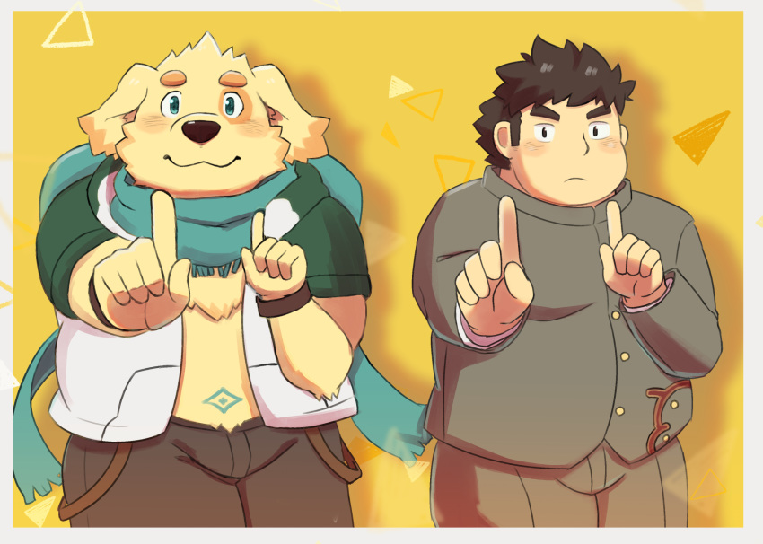 2020 anthro belly blush bottomwear canid canine canis chubby_protagonist_(tas) clothing cu_sith_(tas) domestic_dog duo hi_res hoodie human humanoid_hands kemono male mammal overweight overweight_male pants protagonist_(tas) scarf shimo_kawa shirt tokyo_afterschool_summoners topwear video_games