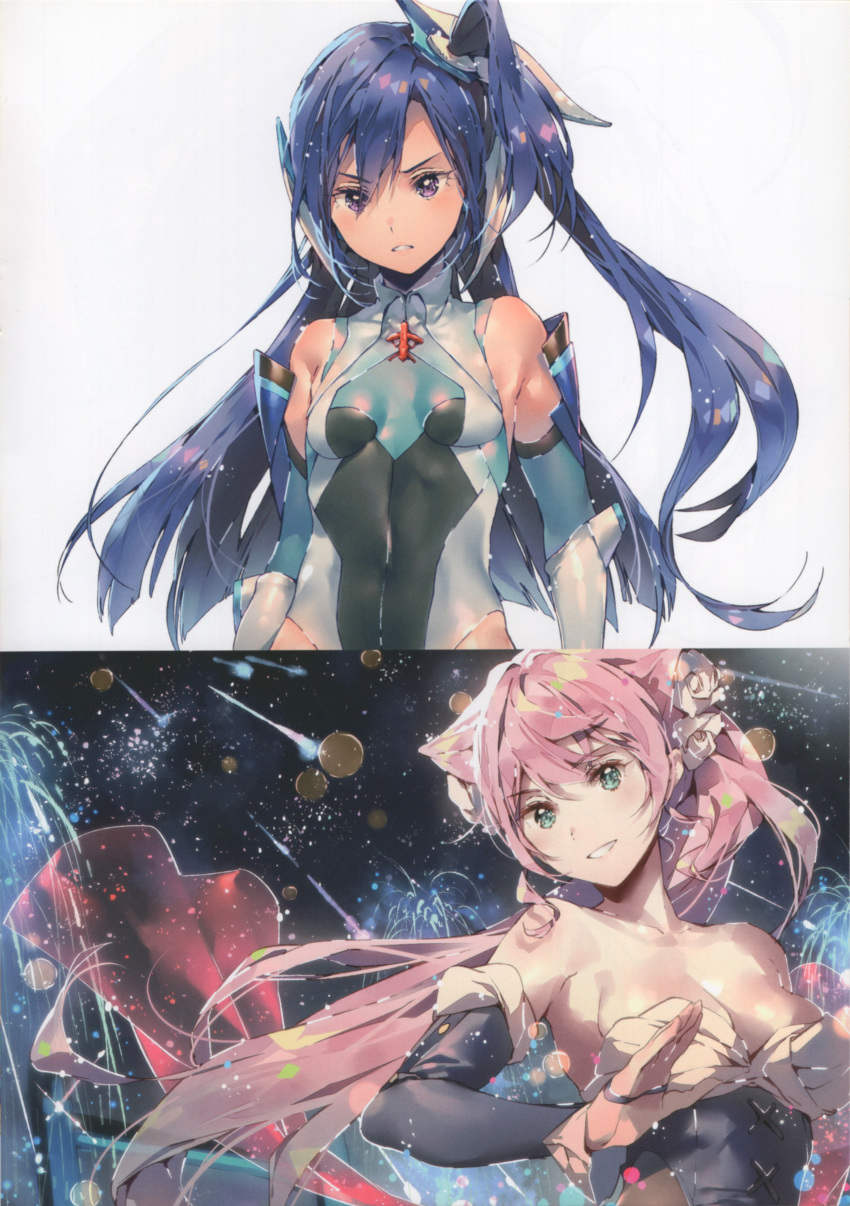 2girls absurdres bangs bare_shoulders blush bodysuit breasts bridal_gauntlets cleavage dress dsmile elbow_gloves eyebrows_visible_through_hair gloves green_eyes hair_ornament highres kazanari_tsubasa long_hair looking_away maria_cadenzavna_eve medium_breasts multiple_girls night night_sky parted_lips pink_hair scan senki_zesshou_symphogear senki_zesshou_symphogear_xd_unlimited shiny shiny_hair shiny_skin simple_background skin_tight sky sleeveless smile strapless strapless_dress tied_hair turtleneck upper_body