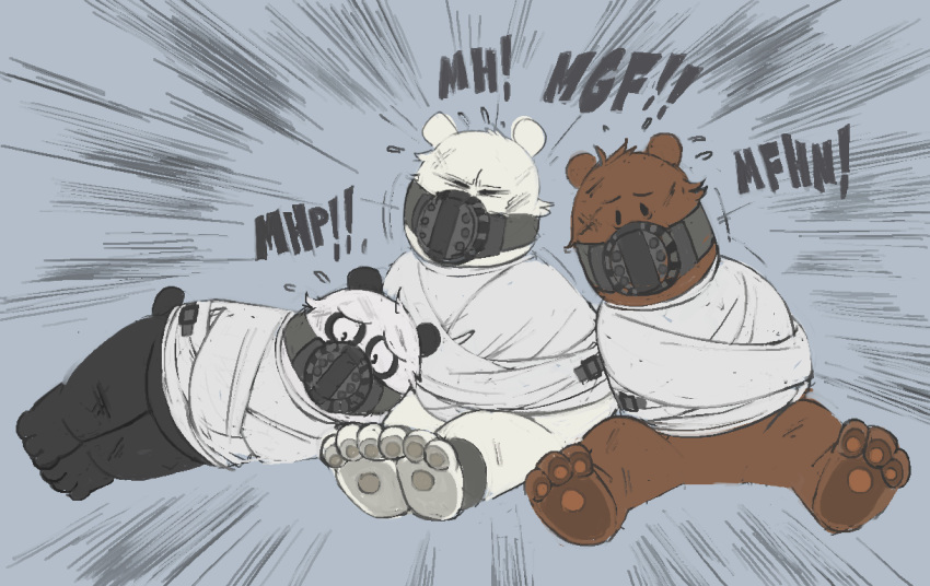 anthro bdsm bodily_fluids bondage bondagefanart bound cartoon_network feet gag gagged grizzly_(wbb) group ice_bear kidnapping male muffled muzzle_(object) muzzled panda_(wbb) plantigrade simple_background straitjacket struggling sweat we_bare_bears worried