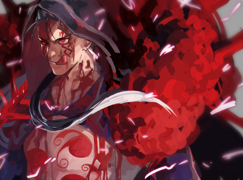 1boy black_cape black_gloves blood blood_on_face bloody_clothes blue_hair cape chi4co0820 cu_chulainn_(fate)_(all) cu_chulainn_alter_(fate/grand_order) dark_blue_hair earrings elbow_gloves facial_mark fate/grand_order fate_(series) fur_trim gae_bolg gloves glowing glowing_eyes hood hood_up jewelry long_hair male_focus monster_boy red_eyes sharp_teeth solo spikes tattoo teeth tongue tongue_out