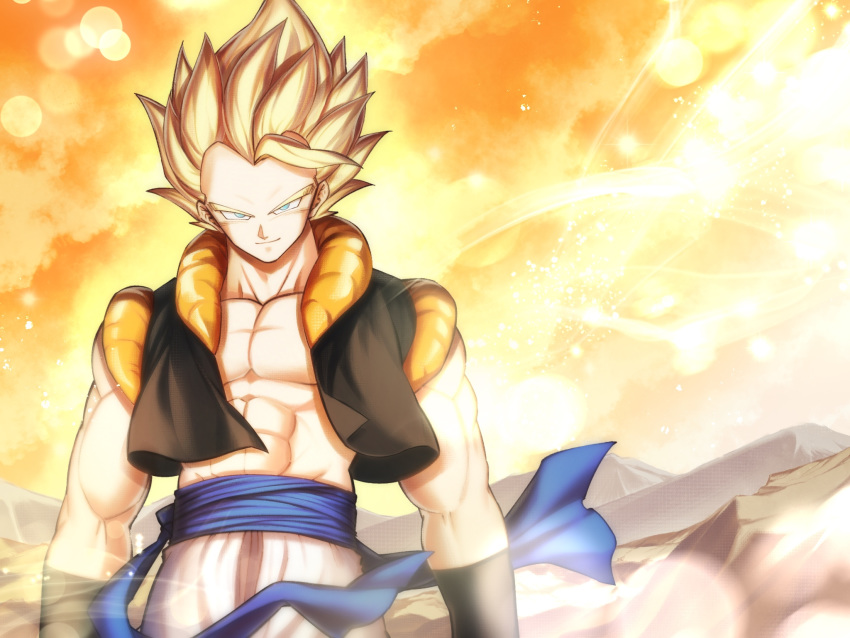 1boy blonde_hair bracer closed_mouth dragon_ball dragon_ball_z gogeta highres looking_at_viewer male_focus mattari_illust metamoran_vest muscle pants pectorals smile solo spiked_hair standing super_saiyan super_saiyan_1 vest white_pants