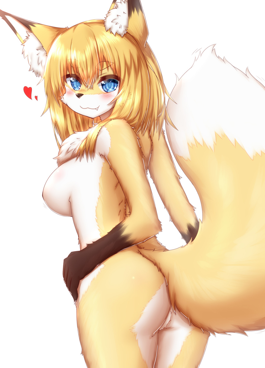 &lt;3 2020 anthro blue_eyes breasts butt canid canine cute_fangs female fox fur hair hi_res horokusa0519 kemono looking_at_viewer mammal orange_body orange_fur orange_hair rear_view simple_background solo standing white_background white_body white_fur