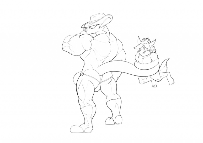 anthro big_muscles boots butt clothing cowboy_hat duo fan_character fang_the_sniper footwear hat headgear headwear looking_at_another male mammal monochrome muscular muscular_male mustela mustelid musteline size_difference smaller_male sonic_the_fighters sonic_the_hedgehog_(series) unknownwolf