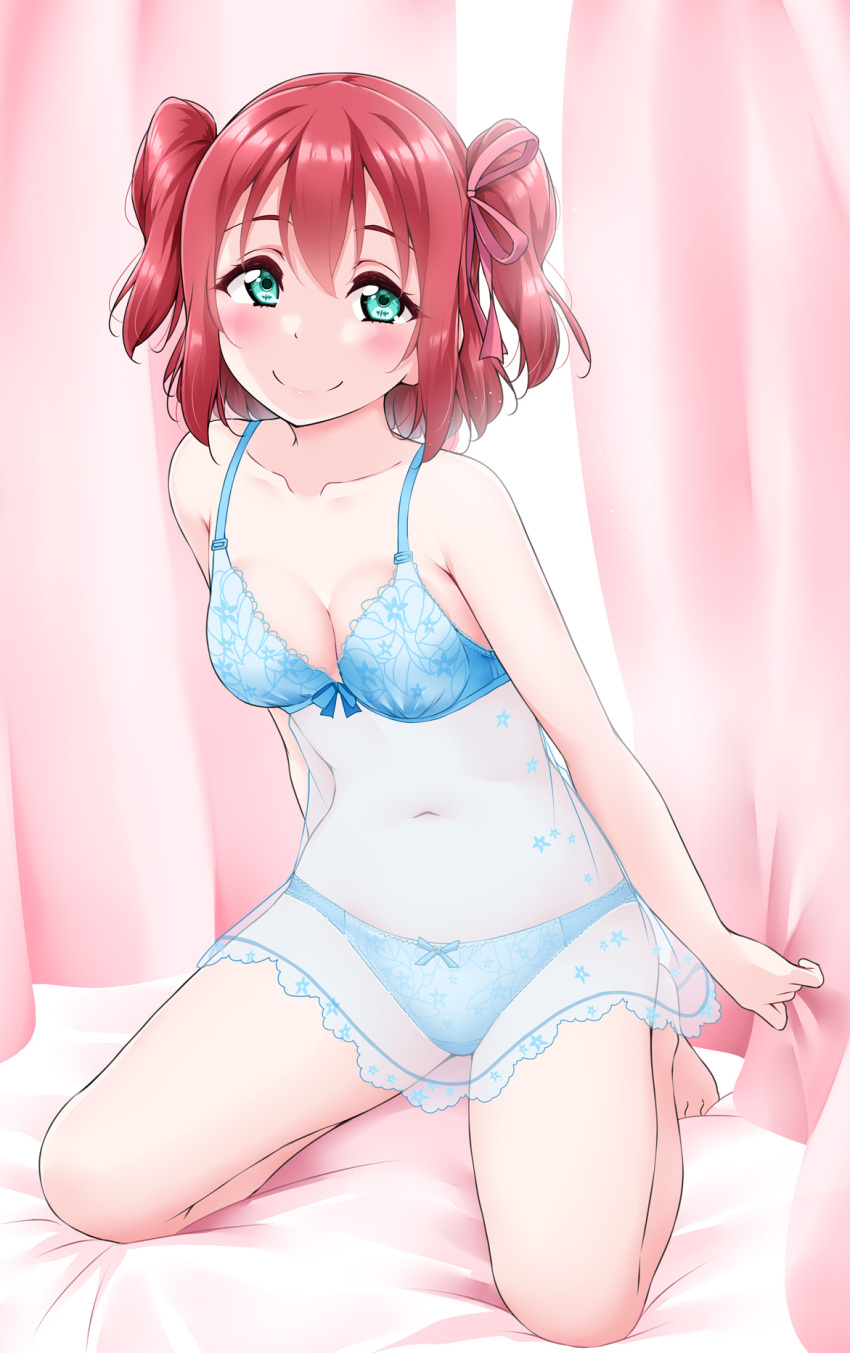 1girl bangs bare_legs barefoot bed blue_bow blue_bra blue_panties blush bow bow_panties bra breasts cleavage collarbone curtains green_eyes hair_between_eyes hair_ribbon highres kneeling kurosawa_ruby lingerie looking_at_viewer love_live! love_live!_sunshine!! medium_hair navel negligee no_pants on_bed panties pink_ribbon red_hair ribbon see-through sleeveless small_breasts smile solo star_(symbol) star_print twintails underwear underwear_only yopparai_oni