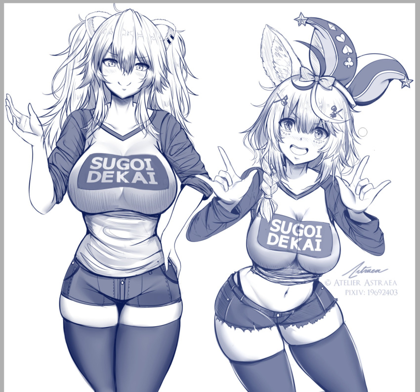 2girls \m/ animal_ears artist_name astraea_(atelierastraea) bangs blush border braid breasts closed_mouth cowboy_shot cutoffs denim denim_shorts double_\m/ ear_piercing eyebrows_visible_through_hair facial_mark fox_ears greyscale hair_between_eyes hat highleg highleg_panties highres hololive jester_cap large_breasts leaning_forward lion_ears long_hair long_sleeves looking_at_viewer monochrome multiple_girls navel omaru_polka open_mouth panties piercing raglan_sleeves romaji_text shirt_lift shishiro_botan short_shorts shorts side_braid smile sugoi_dekai thighhighs underwear