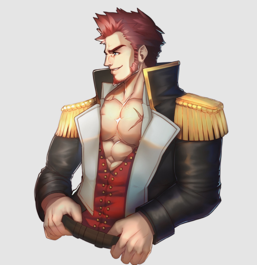 1boy alex_(cerealex) bara blue_eyes brown_hair chest collar cropped_legs epaulettes facial_hair fate/grand_order fate_(series) fringe_trim goatee highres jacket long_sleeves male_focus military military_uniform muscle napoleon_bonaparte_(fate/grand_order) open_clothes open_jacket pectorals scar sideburns simple_background smile solo unbuttoned uniform