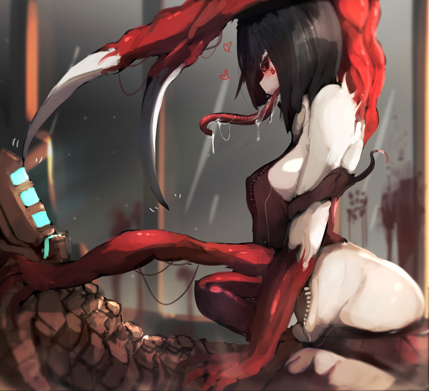 1boy 1girl ander_horlo black_sclera blood blood_splatter blush breasts claws commentary_request covered_nipples cowgirl_position dead_space exposed_muscle extra_arms extra_mouth girl_on_top heart helmet hetero implied_sex isaac_clarke long_tongue medium_breasts monster_girl naughty_face necromorph off_shoulder pale_skin power_suit red_eyes saliva sharp_teeth sideboob straddling teeth tongue tongue_out