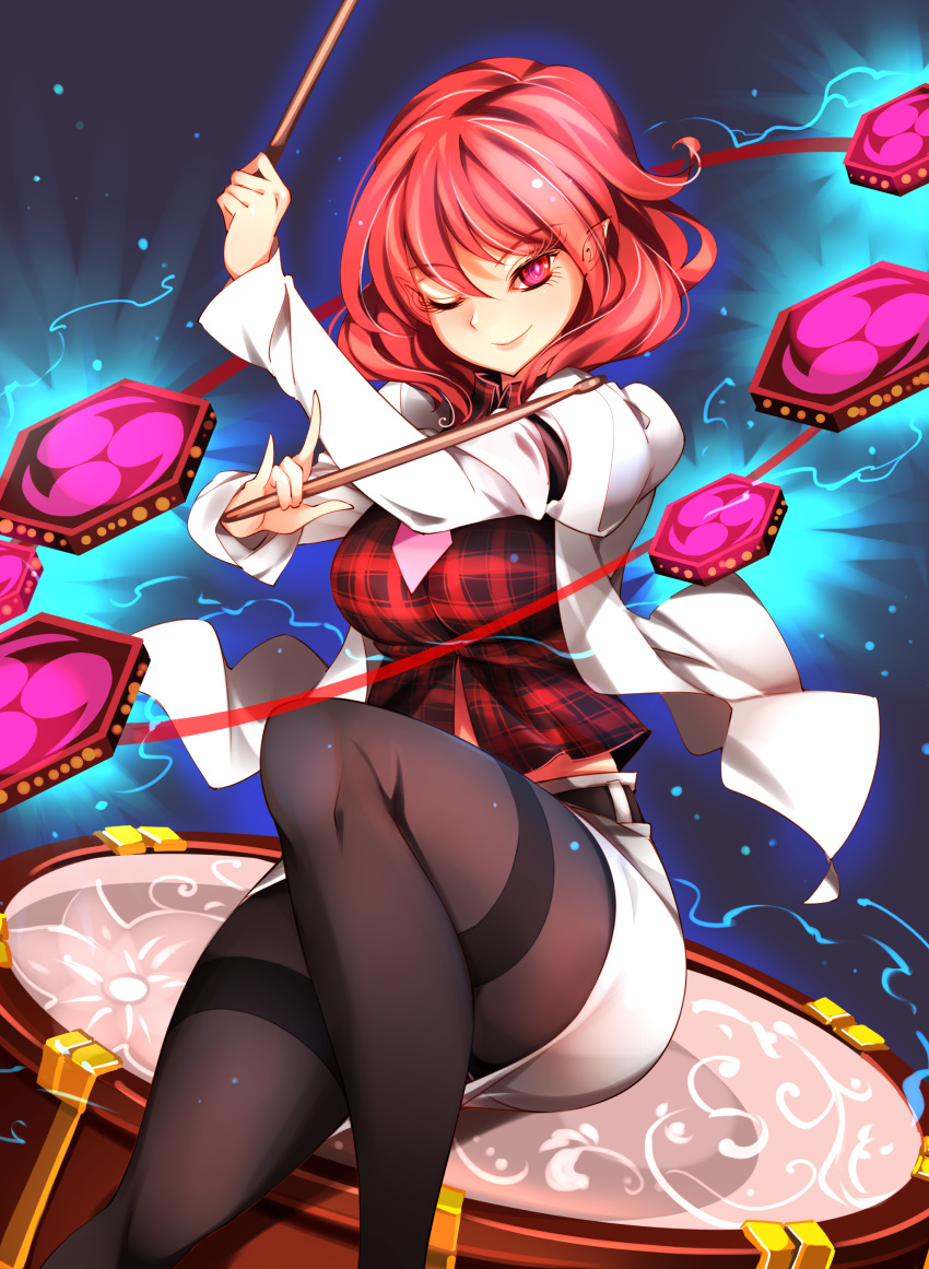 1girl \m/ absurdres arm_garter arm_strap arm_up belt beltskirt black_belt black_legwear breasts check_commentary collared_shirt commentary_request drum drum_set drumsticks ears_visible_through_hair eyelashes feet_out_of_frame glowing hands_up high_collar highres horikawa_raiko instrument jacket juliet_sleeves large_breasts leg_up light_particles lightning long_sleeves looking_at_viewer midriff_peek mitsudomoe_(shape) necktie one_eye_closed outline pantyhose pink_neckwear plaid plaid_shirt pointy_ears puffy_sleeves raptor7 red_eyes red_hair red_shirt shirt short_hair simple_background sitting_on_drum skirt skirt_set smirk smug solo suit_jacket taiko_drum tomoe_(symbol) touhou white_jacket white_skirt wing_collar