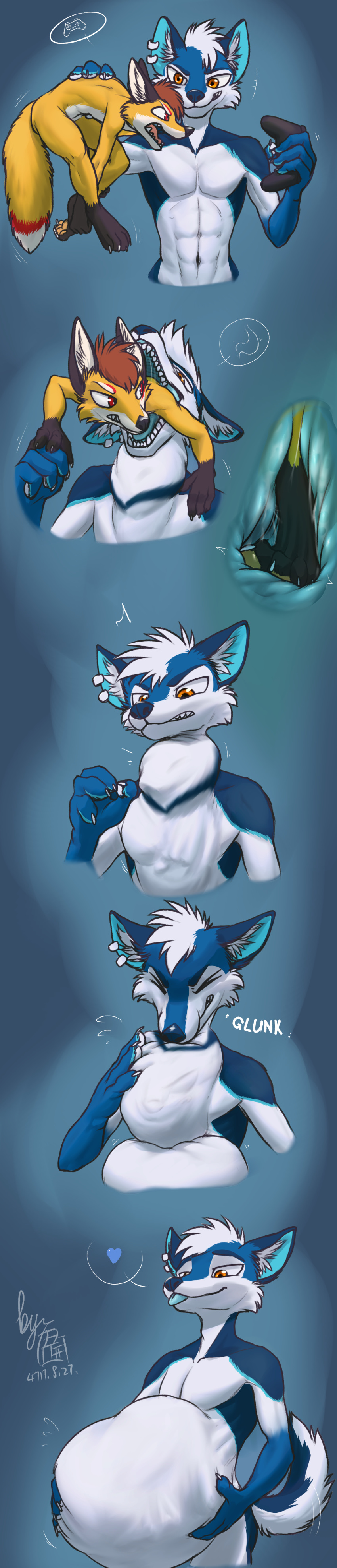 &lt;3 2020 4_fingers 4_toes abdominal_bulge abs absurd_res after_vore angry annoyed anthro anthro_pred anthro_prey athletic athletic_anthro athletic_male barefoot belly big_belly biped black_nose black_paws blep blue_body blue_fur blue_nose blue_tongue brown_hair canid canine canis cheek_tuft claws clenched_teeth comic controller countershade_torso countershading cramped cutaway dated digital_drawing_(artwork) digital_media_(artwork) dipstick_tail duo ear_piercing ear_ring eyes_closed facial_tuft fangs feet_first fingers fluffy fluffy_tail forced fox francis_pupper front_view fur fur_markings fur_tuft game_controller grey_background grey_text grin hair half-closed_eyes hand_on_stomach head_tuft hi_res holding_belly holding_character holding_object imminent_vore in_mouth inner_ear_fluff internal joystick larger_anthro larger_male larger_pred lifting long_image looking_at_another looking_back looking_down lunlunfox lunlunfox_(character) male male_pred male_prey mammal markings motion_lines multicolored_tail multiple_scenes muscular muscular_male narrowed_eyes navel neck_bulge nude number open_mouth oral_vore orange_eyes paws pecs piercing red_body red_eyes red_fur red_markings restrained short_hair side_view signature simple_background size_difference smaller_anthro smaller_male smaller_prey smile smirk soft_vore sound_effects speech_bubble standing stomach struggling swallowing tailwag tall_image tan_tongue teasing teeth text three-quarter_view toes tongue tongue_out tuft unwilling_vore vore watermark white_body white_claws white_countershading white_fur white_hair white_text wolf yellow_body yellow_fur