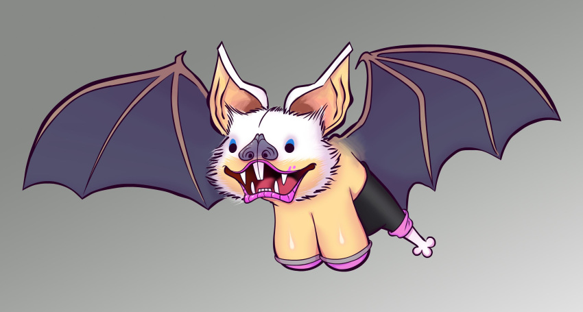 2019 breasts buckteeth busty_feral chiropteran cleavage clothed clothing eyeshadow fangs female feral feralized flying grey_background hi_res hotdiggedydemon lipstick makeup mammal membrane_(anatomy) membranous_wings rouge_the_bat simple_background solo sonic_the_hedgehog_(series) spread_wings teeth what why wings