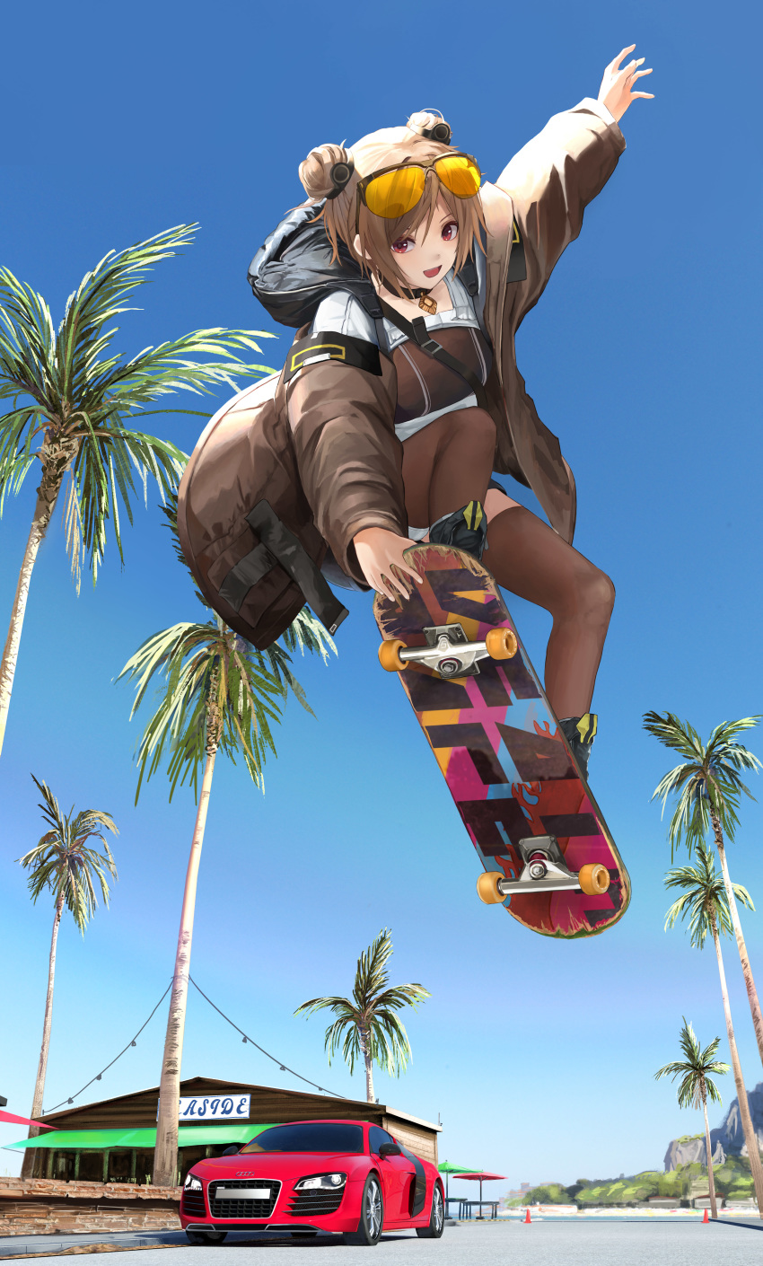 1girl :d absurdres arm_up black_choker blue_sky boots brown_coat brown_hair brown_legwear brown_shirt bugatti bugatti_veyron car choker coat day double_bun eyewear_on_head girls_frontline ground_vehicle hair_ornament highres hood hood_down hooded_jacket jacket long_sleeves looking_at_viewer midair motor_vehicle nighttsound open_clothes open_coat open_mouth outdoors over-rim_eyewear p90_(girls_frontline) palm_tree puffy_sleeves red_eyes semi-rimless_eyewear shirt short_hair skateboard skateboarding sky smile solo strap sunglasses thighhighs tinted_eyewear tree