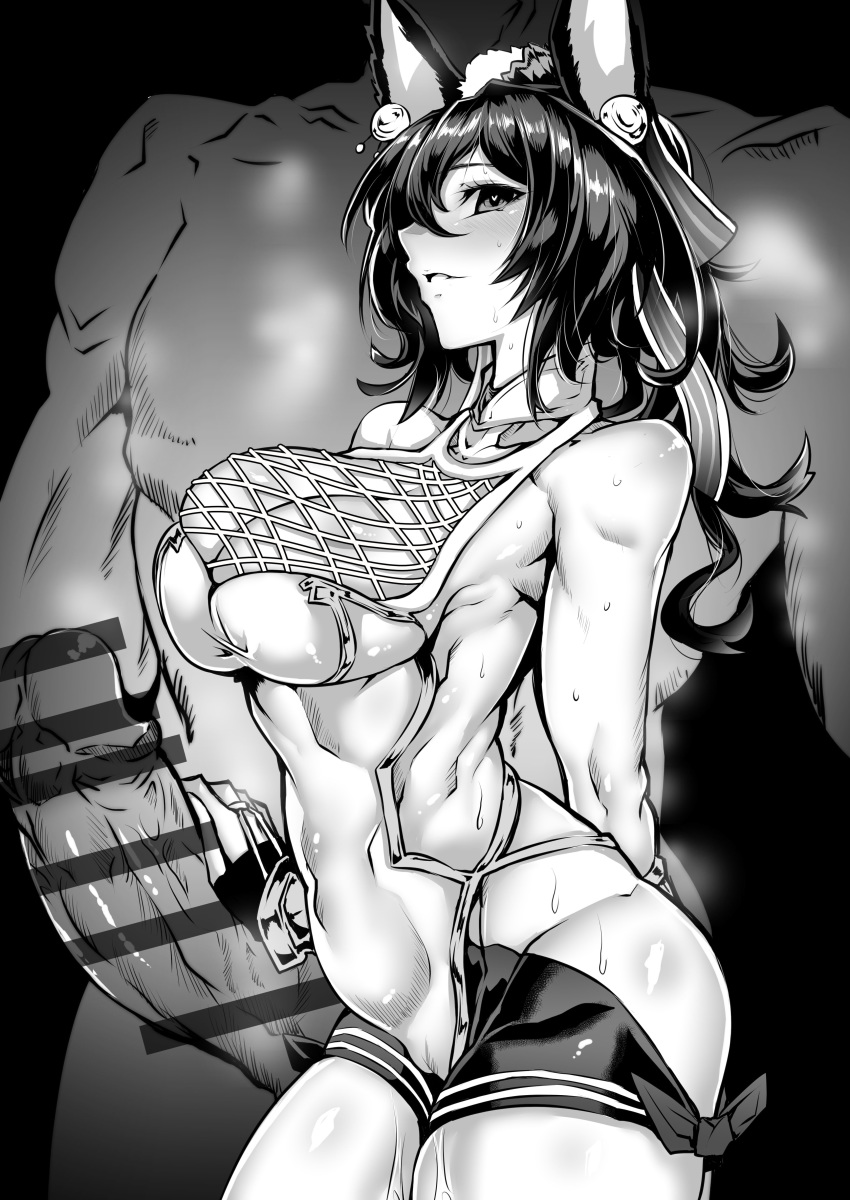1boy 1girl absurdres animal_ears armpit_peek backless_outfit bar_censor black_hair blush breasts censored cleavage clothed_female_nude_male cowboy_shot erune from_side gggg granblue_fantasy greyscale hair_ornament heart heart-shaped_pupils highres huge_penis ilsa_(granblue_fantasy) large_breasts long_hair looking_at_viewer looking_to_the_side monochrome nude parted_lips penis sideboob sideless_outfit smile sweat swimsuit symbol-shaped_pupils white_swimsuit