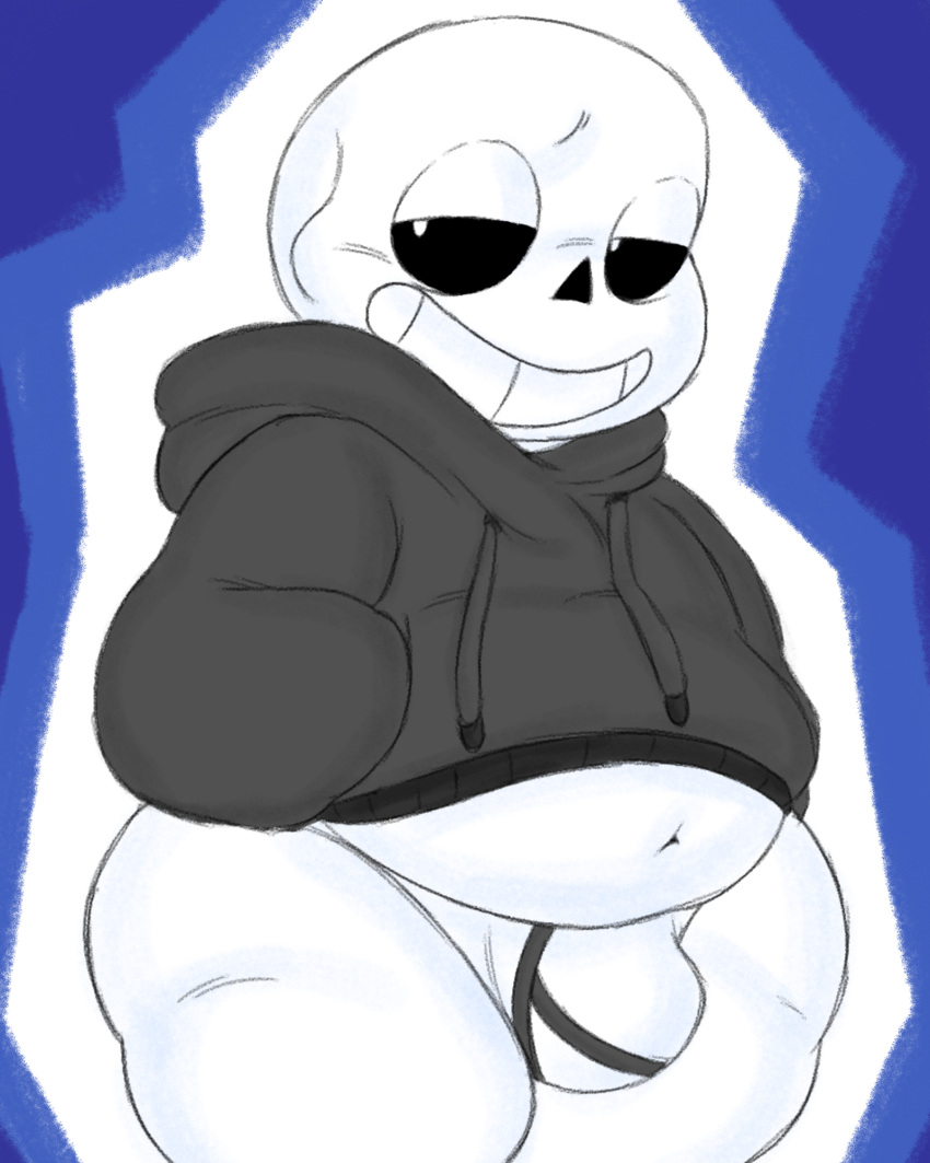 2020 4:5 animated_skeleton anterior_nasal_aperture belly bone bulge clothing filthyopossum grey_clothing grey_hoodie grin hands_in_pockets hi_res hoodie humanoid male navel not_furry pockets sans_(undertale) simple_background skeleton smile solo standing teeth topwear undead undertale underwear video_games white_body