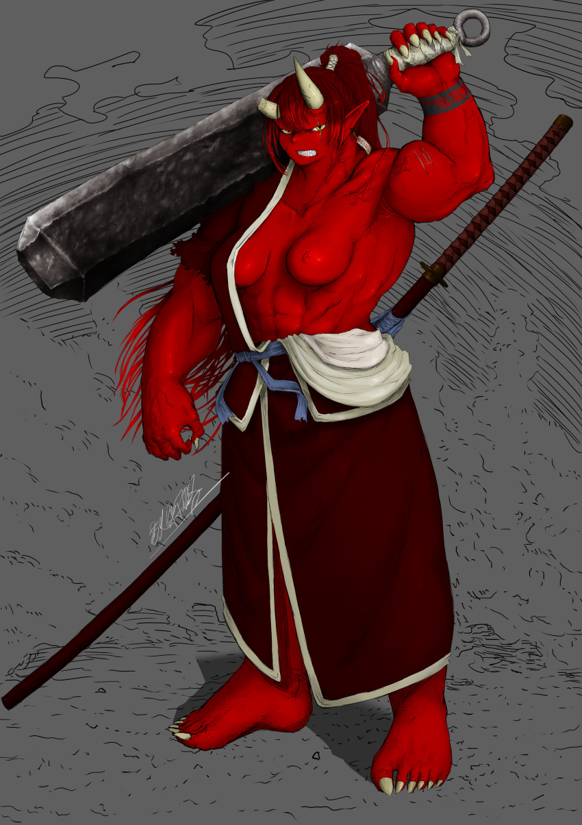 absurd_res asian_mythology breasts broken_horn clothed clothing club_(weapon) demon east_asian_mythology exposed_breasts female hair hi_res holding_object holding_weapon horn humanoid humanoid_pointy_ears japanese_mythology melee_weapon muscular muscular_female mythology nipples not_furry oni partially_clothed ponytail red_body red_hair red_skin robe sankunchansama scar solo sword weapon yōkai