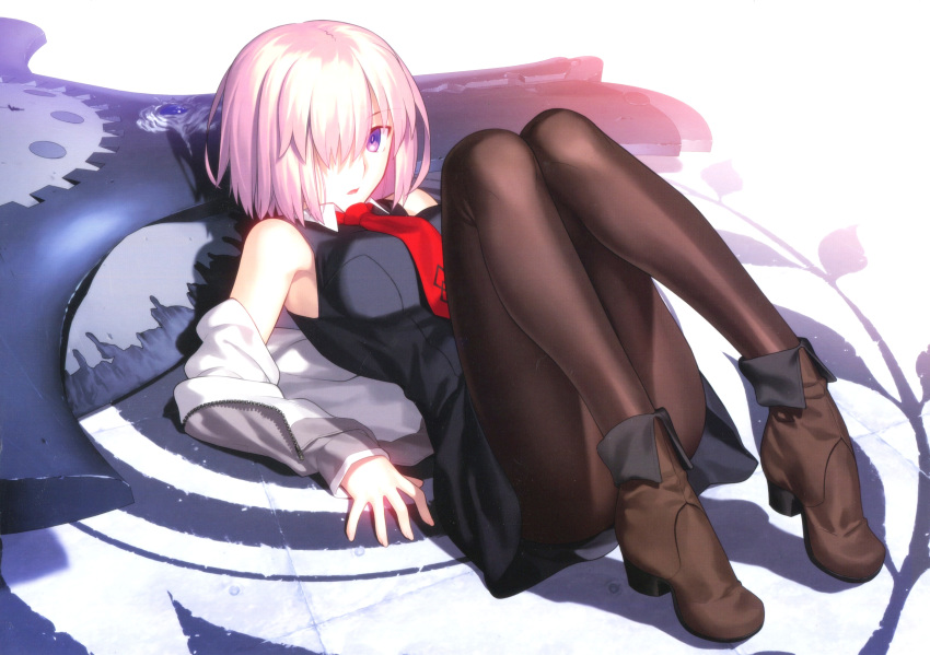 1girl absurdres ankle_boots bare_shoulders black_dress black_footwear blonde_hair boots breasts brown_pantyhose chaldea_logo collared_dress dress fate/grand_order fate_(series) fingernails full_body hair_over_one_eye highres looking_at_viewer lord_camelot_(fate) lying mash_kyrielight medium_breasts necktie non-web_source on_back open_mouth pantyhose purple_eyes red_necktie scan shadow short_dress short_hair simple_background sleeveless sleeveless_dress solo takeuchi_takashi