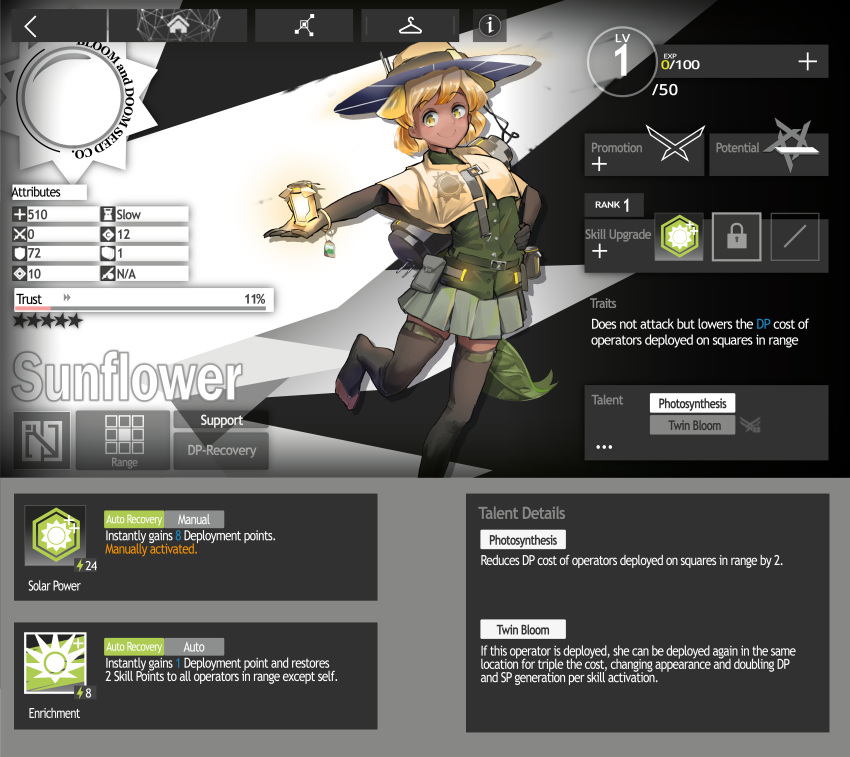 1girl absurdres arknights battery belt blonde_hair bracelet capelet dark_skin elbow_gloves english_text fake_screenshot gloves glowing green_shirt hat highres jewelry leaf monster_girl personification petals plant_girl plants_vs_zombies pompmaker1 pouch reaching_out shirt skirt smile solar_panel solo sun_hat sunflower_(plants_vs_zombies) thighhighs toeless_legwear yellow_eyes zettai_ryouiki