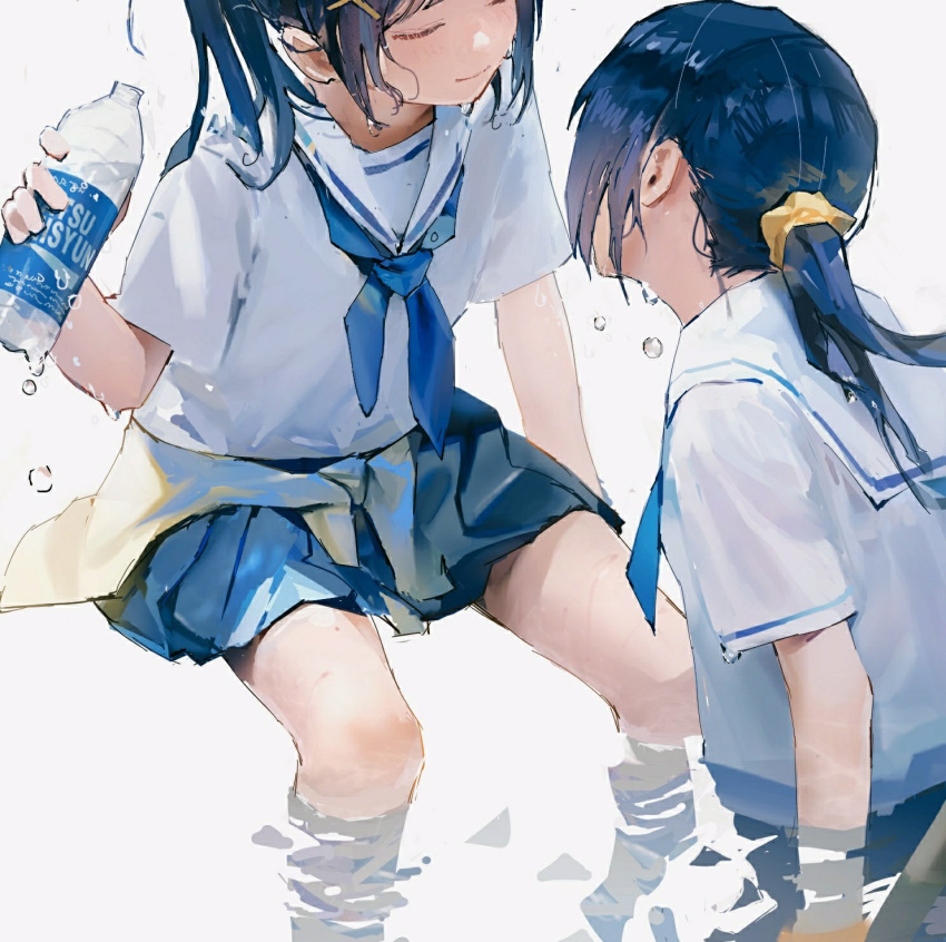 2girls blouse blue_neckwear blue_skirt bottle closed_eyes closed_mouth face-to-face from_side hair_ornament hair_scrunchie highres holding holding_bottle idoukunn liquid long_hair multiple_girls original ponytail sailor_collar school_uniform scrunchie serafuku short_sleeves sidelocks sitting skirt smile water_drop white_blouse white_sailor_collar x_hair_ornament