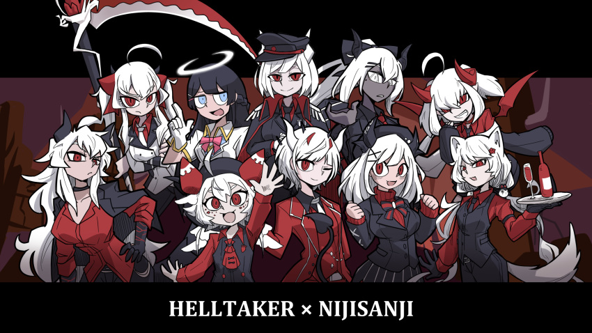 6+girls ahoge angel animal_ears bat_wings black_hair black_headwear black_skin black_vest blue_eyes blush bono_(8775bono) bow bowtie demon_girl demon_horns demon_tail dog_ears dola_(nijisanji) dragon_tail expressionless formal grin hair_ornament hairclip halo hat helltaker highres higuchi_kaede holding holding_scythe holding_tray horns inui_toko long_hair looking_at_viewer makaino_ririmu mole mole_under_eye multiple_girls nijisanji parody parted_lips ponytail red_eyes scythe shizuka_rin smile style_parody suit suzuhara_lulu tail takamiya_rion tray tsukino_mito ushimi_ichigo vanripper_(style) vest virtual_youtuber white_hair wing_collar wings x_hair_ornament yuuhi_riri