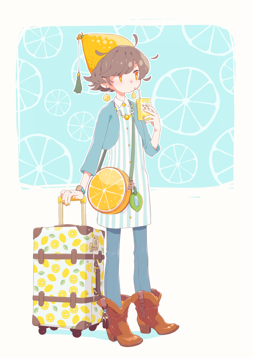 1girl absurdres bag blue_jacket boots brown_hair collared_shirt commentary_request cowboy_boots cropped_jacket denim drinking earrings food food_themed_earrings fruit fruit_hat full_body highres holding jacket jeans jewelry juice_box lemon lemon_earrings lemon_print necklace original outline pants ring rolling_suitcase shirt short_hair shoulder_bag solo sorata123 standing striped striped_shirt tassel two-tone_background vertical_stripes watch white_outline wristwatch yellow_eyes yellow_nails