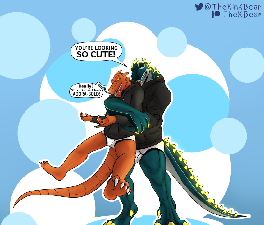 ! 2020 5_toes absurd_res anthro black_clothing black_hoodie black_topwear brightosaur bulge claws clothing comic dialogue digitigrade duo fangs glowing glowing_spikes hekar hi_res holding_another hoodie hug hugging_from_behind kobold koviell male open_mouth patreon plantigrade scales scalie sharp_teeth simple_background size_difference spikes teeth thekinkybear toes topwear underwear white_claws white_clothing white_underwear yellow_claws yellow_eyes