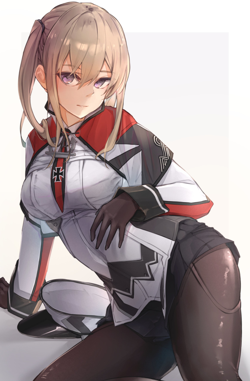 1girl absurdres black_gloves black_legwear blonde_hair breasts capelet celtic_knot gloves graf_zeppelin_(kantai_collection) grey_eyes hair_between_eyes highres iron_cross jacket kantai_collection kumanoko large_breasts military military_uniform miniskirt necktie pantyhose sidelocks simple_background sitting skirt solo twintails uniform white_background yokozuwari