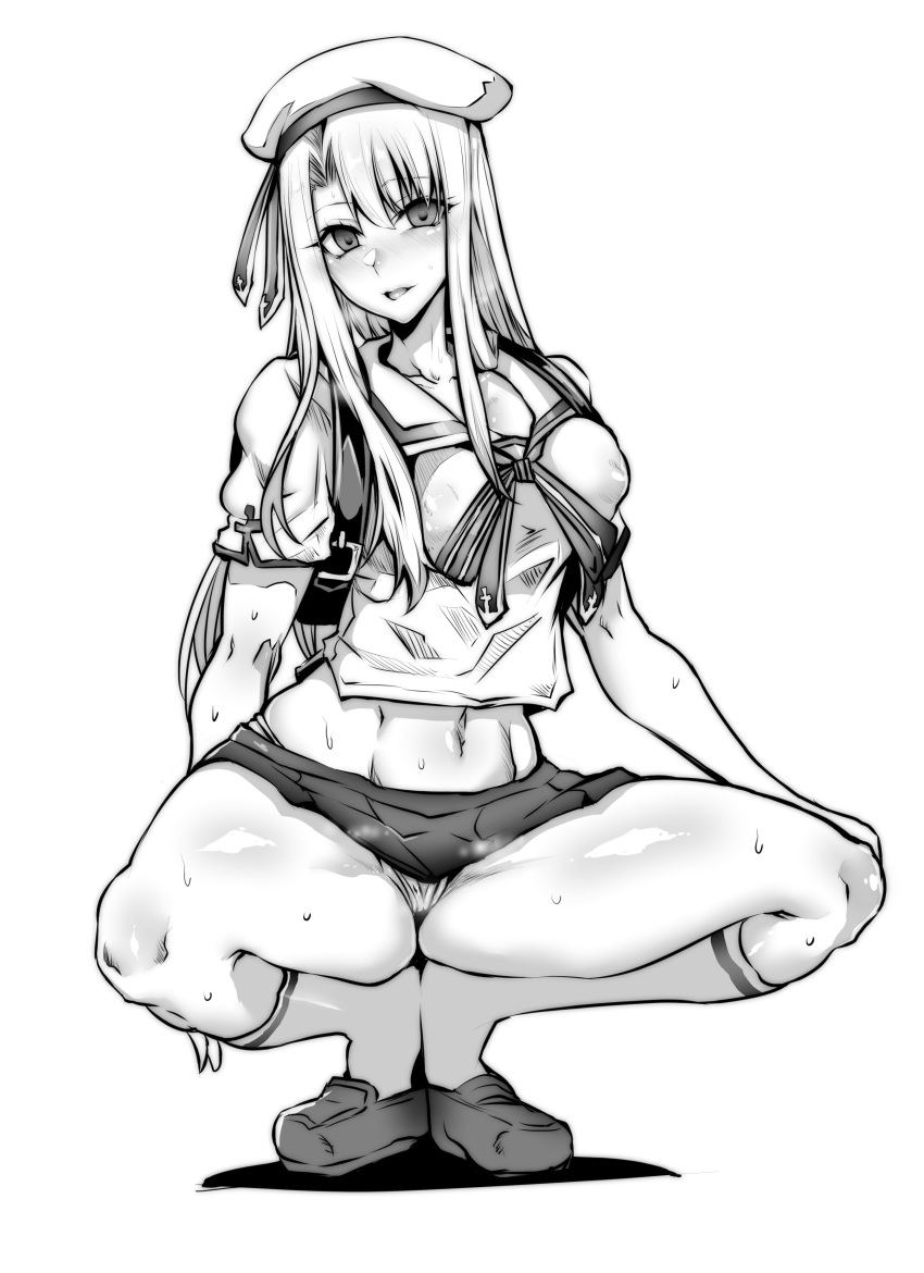 1girl absurdres blush breasts covered_nipples fate/grand_order fate/kaleid_liner_prisma_illya fate_(series) full_body gggg greyscale hat highres illyasviel_von_einzbern loafers long_hair looking_at_viewer medium_breasts mob_cap monochrome nose_blush older panties pantyshot parted_lips school_uniform shoes short_sleeves smile socks solo spread_legs squatting sweat undersized_clothes underwear white_panties