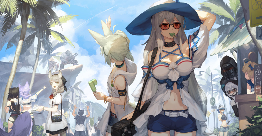 6+girls :d alternate_costume animal_ears arknights armband bangs bare_shoulders belt bikini bikini_shorts blush bow braid breasts buckle ch'en_(arknights) choker commentary courier_(arknights) day doctor_(arknights) english_commentary food grani_(arknights) green_eyes gummy_(arknights) hair_between_eyes hair_bow hat highres holding hood hoodie horns horns_through_headwear jacket jakoujika large_breasts large_tail long_hair looking_at_viewer luggage midriff mouth_hold multiple_girls navel open_mouth outdoors pointing popsicle provence_(arknights) purple_hair red_eyes shirt short_shorts shorts silver_hair skadi_(arknights) skyfire_(arknights) smile stomach straw_hat sunglasses swimsuit tail very_long_hair vigna_(arknights) warfarin_(arknights) wolf_ears wolf_tail