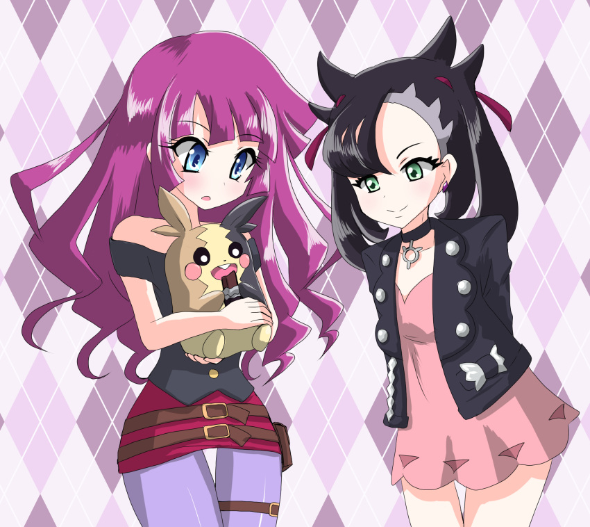 asymmetrical_bangs asymmetrical_hair bangs black_choker black_jacket black_shirt blue_eyes choker dress gen_8_pokemon highres jacket kirishima_romin kiriu-nagi long_hair mary_(pokemon) medium_hair morpeko pink_dress pokemon pokemon_(game) pokemon_swsh shiny shiny_hair shirt undercut yuu-gi-ou yuu-gi-ou_sevens