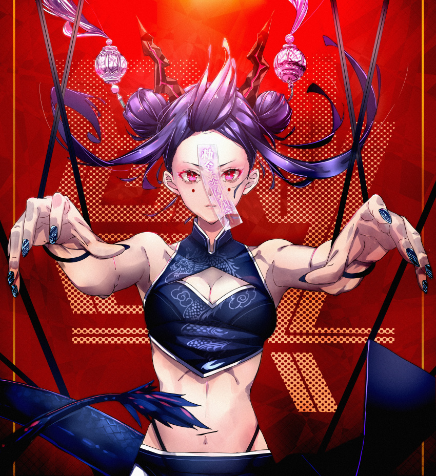 1girl absurdres alternate_costume arknights bare_arms bare_shoulders blue_hair breasts ch'en_(arknights) cleavage cno commentary_request crop_top double_bun dragon_horns dragon_tail facial_mark highres horns huge_filesize long_hair midriff nail_polish navel ofuda red_background red_eyes solo stomach tail upper_body
