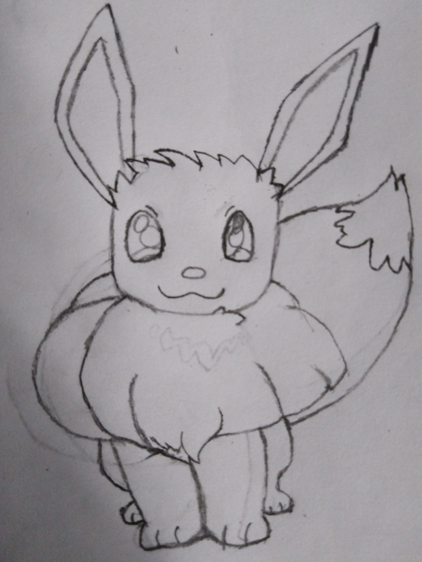 3:4 absurd_res ambiguous_gender big_ears big_tail eevee feral fluffy fluffy_tail furaffinity graphite_(artwork) hi_res j0w03l monochrome neckfluff nintendo paper paws pencil_(artwork) pok&eacute;mon pok&eacute;mon_(species) quadruped simple_background sketch smile solo standing traditional_media_(artwork) video_games white_background