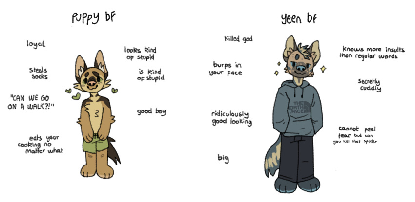 &lt;3 absurd_res anthro blue_nose bottomwear brown_body brown_fur clothed clothing duo english_text fur good_boy hi_res hoodie hyaenid male mammal meme pants simple_background standing text tikodoodles topless topwear white_background young
