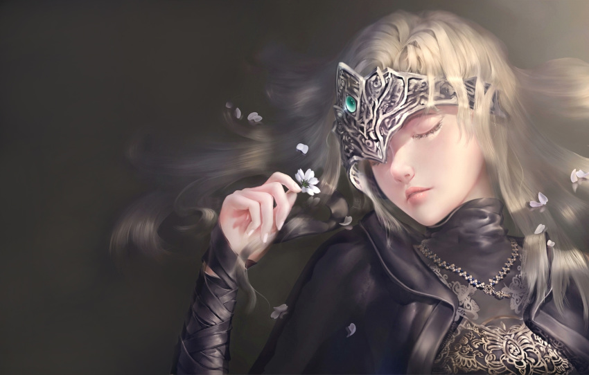 1girl blonde_hair cape capelet cloak closed_eyes dark_souls dark_souls_iii dress fire_keeper flower highres holding holding_flower jewelry lips long_hair lying mask nhan on_back parted_lips solo souls_(from_software) upper_body