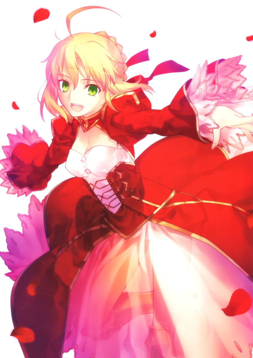 1girl absurdres ahoge bangs blonde_hair braid detached_sleeves dress epaulettes fate/grand_order fate_(series) french_braid green_eyes highres long_sleeves nero_claudius_(fate) nero_claudius_(fate)_(all) open_mouth petals red_dress scan see-through simple_background smile solo takeuchi_takashi tied_hair