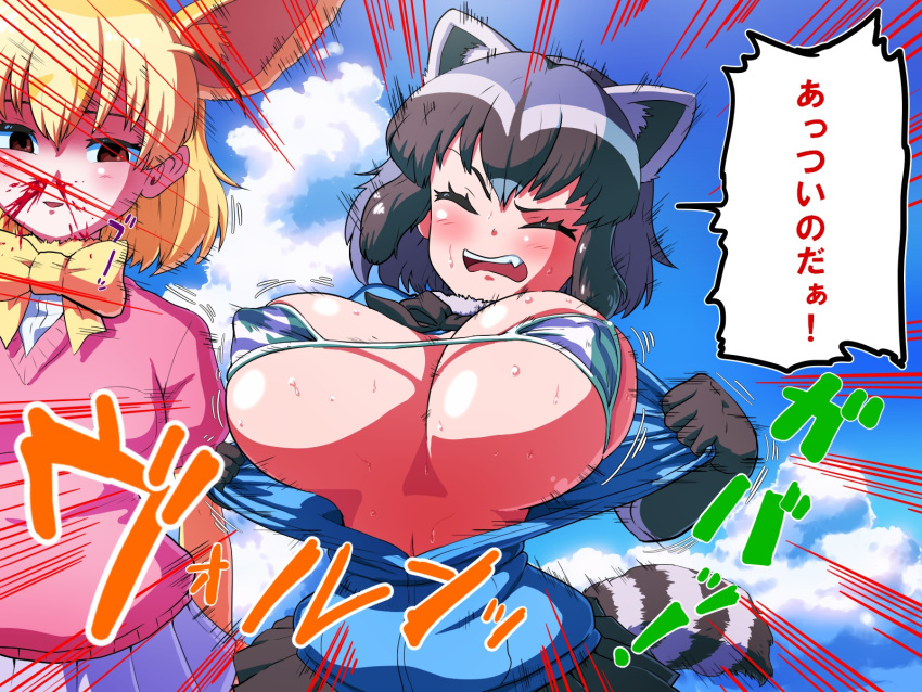 2girls alternate_breast_size animal_ears bangs bikini bikini_top bikini_under_clothes black_hair black_neckwear blonde_hair blood blue_cardigan blue_sky bouncing_breasts bow bowtie breast_pocket breasts breasts_outside brown_eyes cardigan closed_eyes cloud commentary_request common_raccoon_(kemono_friends) covered_nipples day elbow_gloves emphasis_lines empty_eyes extra_ears fang fennec_(kemono_friends) fox_ears fur_collar gloves grey_hair gussuripii highres horizontal_stripes huge_breasts kemono_friends looking_at_another medium_hair motion_lines multicolored_hair multiple_girls nosebleed open_cardigan open_clothes open_mouth outdoors parted_lips pink_sweater pocket raccoon_ears raccoon_tail shiny shiny_skin short_sleeve_sweater short_sleeves skindentation skirt sky smile sound_effects stomach striped striped_bikini striped_swimsuit striped_tail sweat sweater swimsuit swimsuit_under_clothes tail translation_request two-tone_hair unaligned_breasts undressing upper_body upper_teeth yellow_neckwear