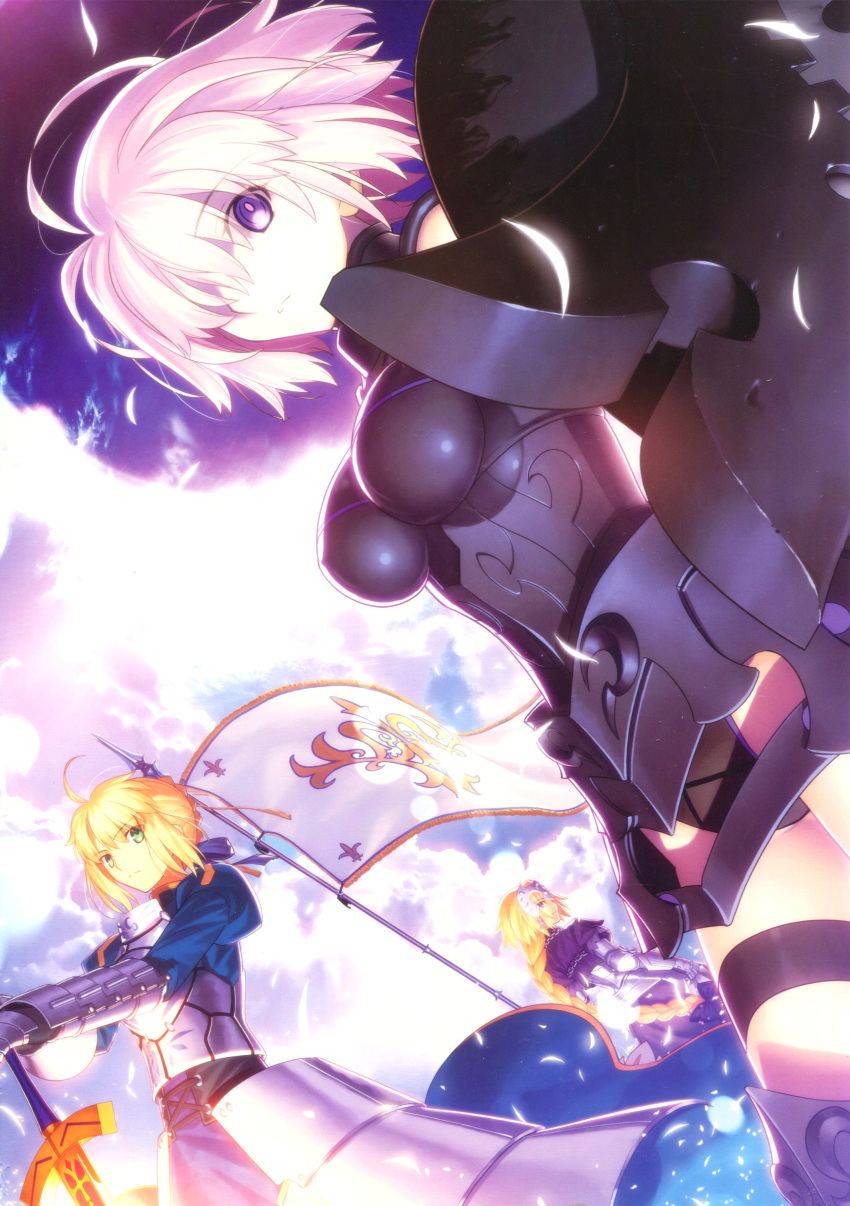 3girls absurdres ahoge armor armored_dress artoria_pendragon_(all) bangs blonde_hair blue_sky bow braid breasts closed_mouth cloud cloudy_sky excalibur eyebrows_visible_through_hair fate/apocrypha fate/grand_order fate_(series) flag flagpole gauntlets green_eyes headpiece highres jeanne_d'arc_(fate) jeanne_d'arc_(fate)_(all) leotard long_hair long_sleeves looking_at_viewer looking_back mash_kyrielight medium_breasts multiple_girls outdoors parted_bangs parted_lips petals pink_hair puffy_sleeves purple_eyes saber scan serious shield short_hair single_braid sky sword takeuchi_takashi thigh_strap tied_hair weapon
