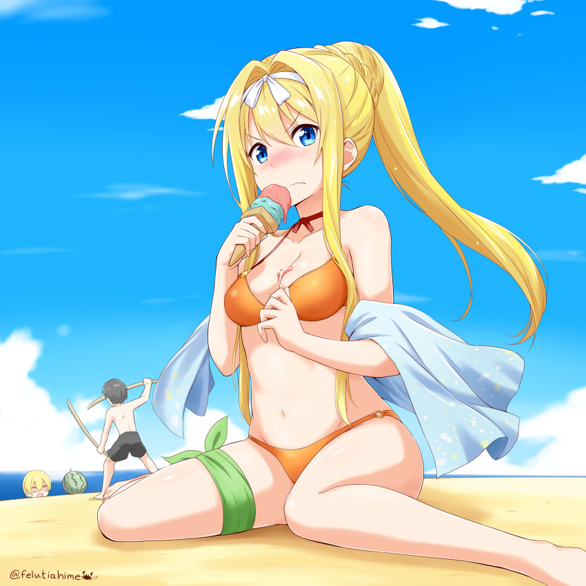 1girl 2boys absurdres alice_schuberg angry ball bangs bare_shoulders beachball bikini black_hair black_shorts blonde_hair blue_eyes blue_sky blush braid breasts choker cleavage collarbone commentary_request day eugeo felutiahime food frown high_ponytail highres holding ice_cream kirito long_hair medium_breasts melon_print multiple_boys navel orange_bikini outdoors ponytail red_choker ribbon short_hair shorts sitting sky solo_focus stomach swimsuit sword_art_online thigh_strap towel wariza