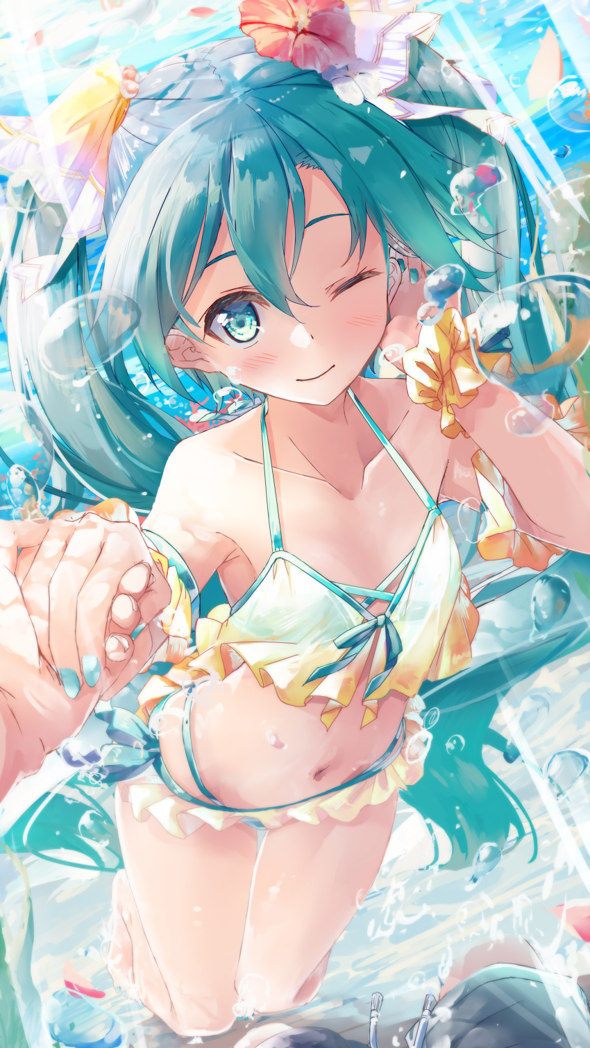 1girl absurdres aqua_eyes aqua_hair daidou_(demitasse) flower hair_between_eyes hair_flower hair_ornament hatsune_miku highres holding_hands long_hair nail_polish navel one_eye_closed outdoors solo_focus twintails very_long_hair vocaloid water